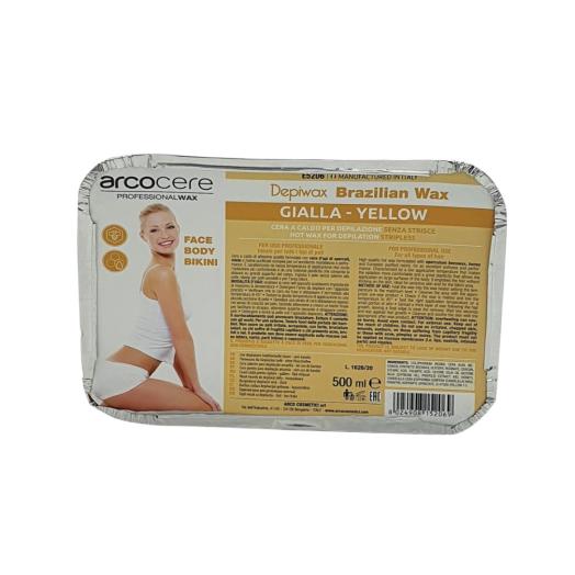 Cera a Caldo Gialla senza strisce Brasiliana Depiwax vaschetta alluminio da 500 ml Cera a Caldo Gialla senza strisce Brasiliana Depiwax vaschetta alluminio da 500 ml