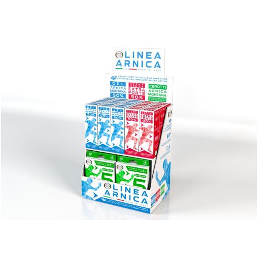 Espositore da banco con 9 gel + 6 crema + 20 scatole di cerotti Espositore da banco con 9 gel + 6 crema + 20 scatole di cerotti