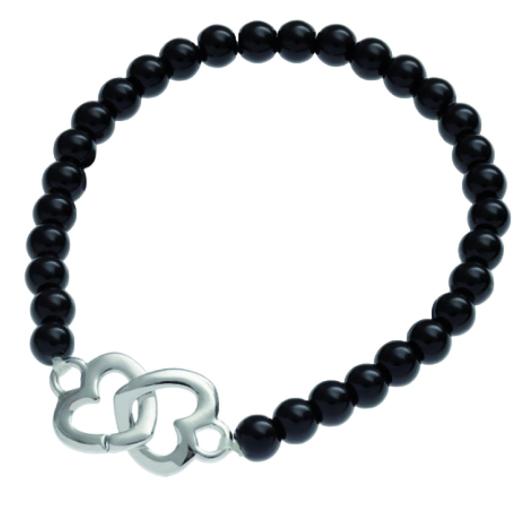 Bracciale Elastico con Perle di Vetro Nero e Cuoricini