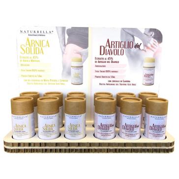 Espositore da Banco con 6 arnica solida + 6 artiglio solidi 50 ml Espositore da Banco con 6 arnica solida + 6 artiglio solidi 50 ml