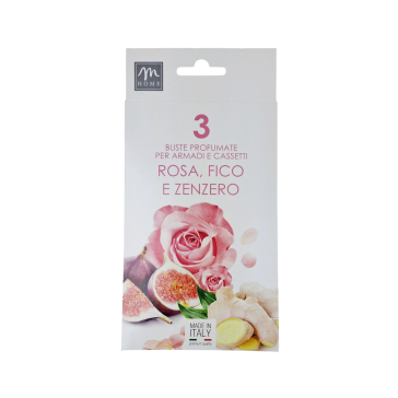 Confezione da cm.20x10 con 3 buste profumatissime per cassetto gusto Fico Rosa e Zenzero Confezione da cm.20x10 con 3 buste profumatissime per cassetto gusto Fico Rosa e Zenzero