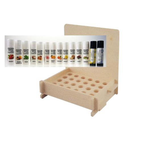 espositore da banco in legno con 24 buchi per stick labbra completo di 56 stick labbra 4 x tipo