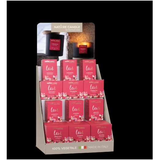 Espositore da banco della nuova linea “ Lei è” contenente in totale 18 candele Espositore da banco della nuova linea “ Lei è” contenente in totale 18 candele