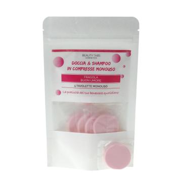 Busta da 5 Tavolette Monodose Shampoo e doccia alla Fragola diam.3 cm. Busta da 5 Tavolette Monodose Shampoo e doccia alla Fragola diam.3 cm.