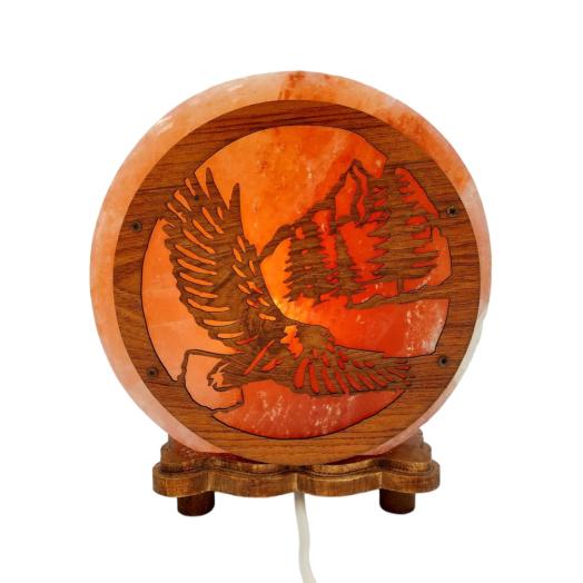 Lampada di Sale Tonda con base  legno "Aquila" diam.cm. 22 larg. cm.8 Peso kg.5
