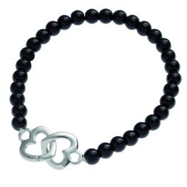 Bracciale Elastico con Perle di Vetro Nero e Cuoricini